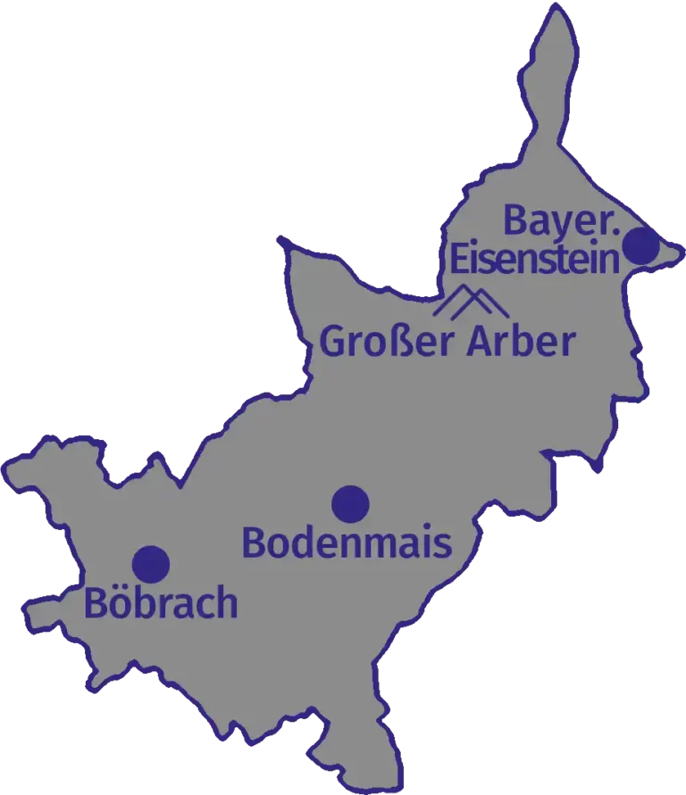 Landkarte der Pfarreiengemeinschaft mit den Orten Bodenmais, Böbrach und Bayerisch Eisenstein sowie dem Großen Arber